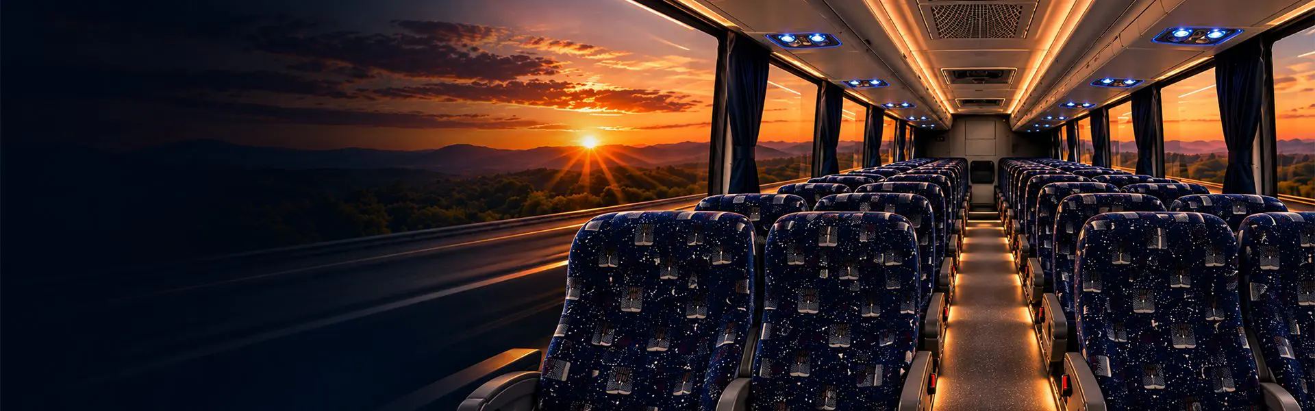 Autobús Flores Volvo 9800 en carretera con atardecer dorado