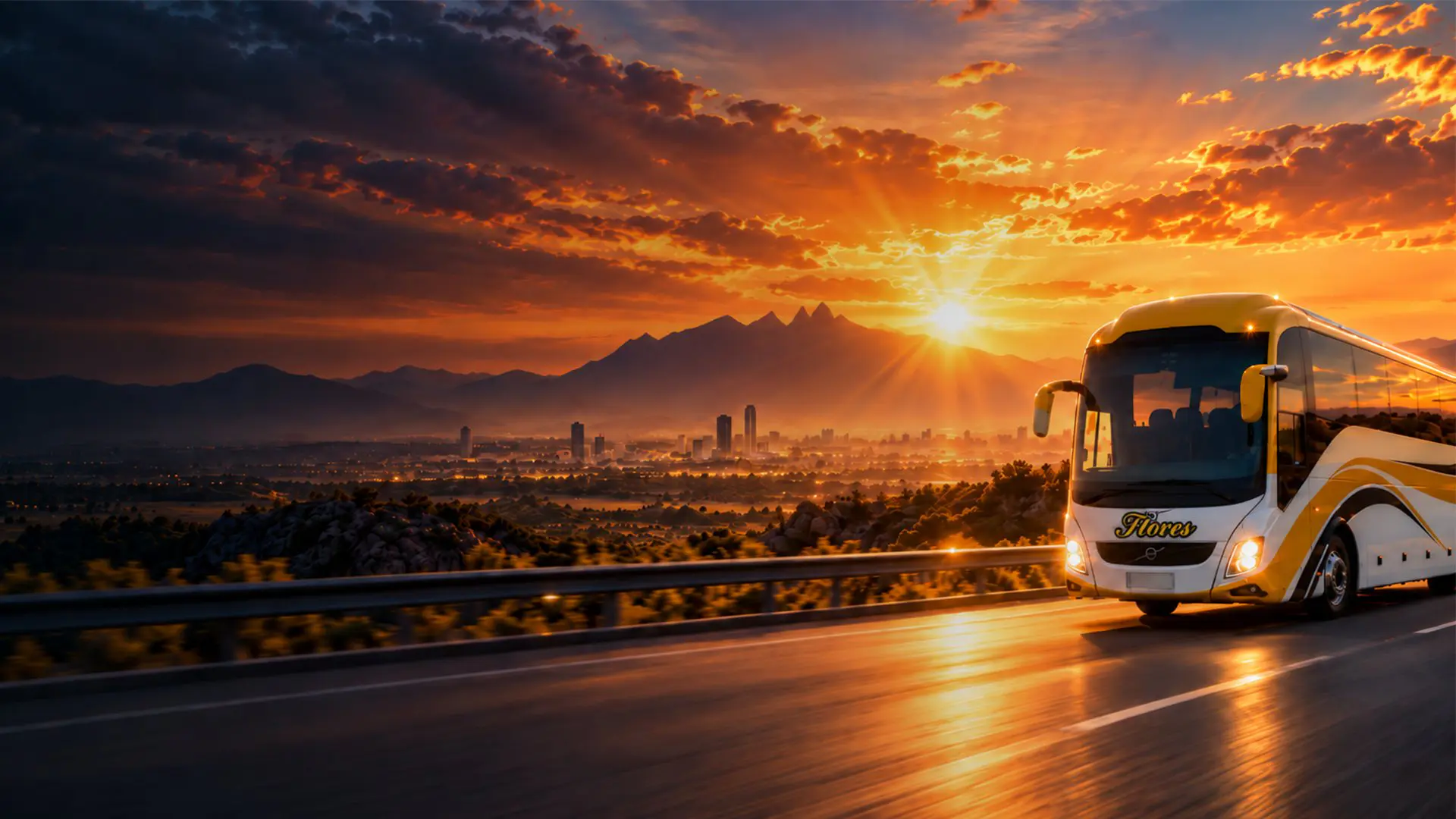 Autobús de Autobuses Flores viajando por la carretera al atardecer
