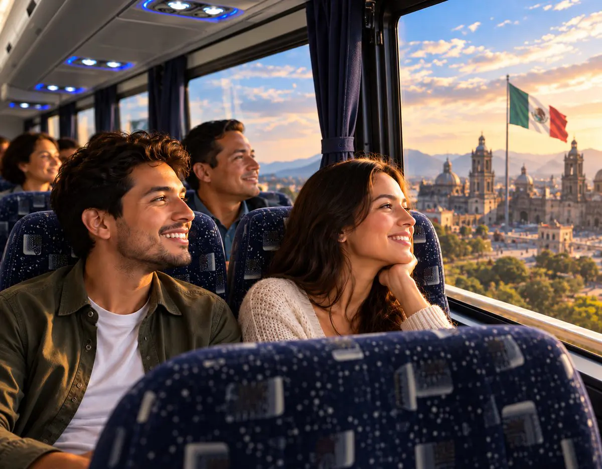 Pasajeros sonrientes disfrutando del viaje a bordo de Autobuses Flores con vista panorámica a través de la ventana